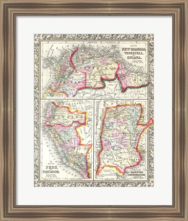 Framed 1860 Mitchell&#39;s Map of Peru, Ecuador, Venezuela, Columbia and Argentina Print