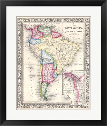 Framed 1864 Mitchell Map of Brazil, Bolivia and Chili Print