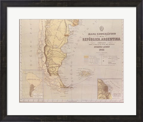 Framed Map of Argentina 1883 Print