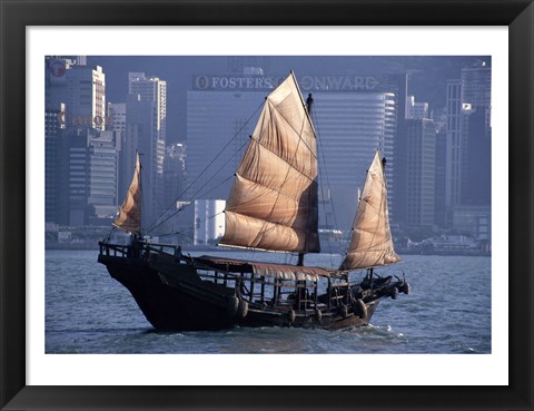 Framed Chinese Junk sailing in the sea, Hong Kong Harbor, Hong Kong, China Print