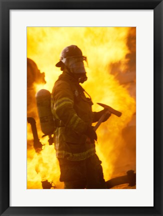 Framed Side profile of a firefighter (holding axe) Print