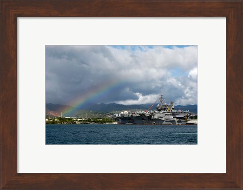 Framed US Navy, A Rainbow Arches Near the Aircraft Carrier USS Kitty Hawk Print