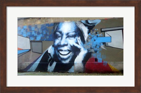 Framed Graffiti of blue smiling women with abstract background somewhere in Gdynia Print