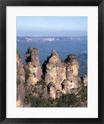 Framed High angle view of rock formations, Three Sisters, Blue Mountains National Park, Katoomba, Australia Print