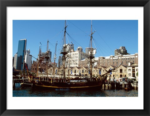 Framed Sailing ship moored in a harbor, Waterfront Restaurant, Sydney, New South Wales, Australia Print