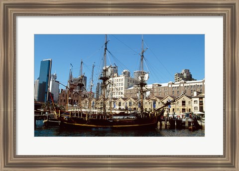 Framed Sailing ship moored in a harbor, Waterfront Restaurant, Sydney, New South Wales, Australia Print