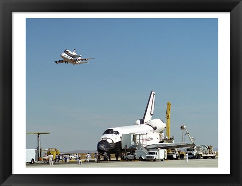 Framed Endeavour on Runway with Columbia on SCA Overhead Print