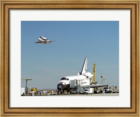 Framed Endeavour on Runway with Columbia on SCA Overhead Print
