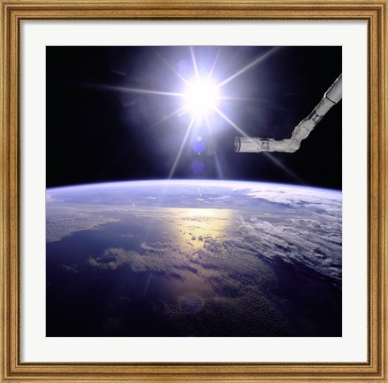 Framed Robot Arm Over Earth with Sunburst Print