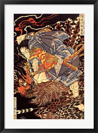 Framed Oki no Jiro Hiroari killing a monstrous tengu Print
