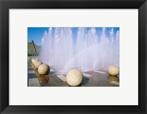 Framed USA, California, Stockton, Weber Point Events Center, Rainbow created by water splashing from fountain Print