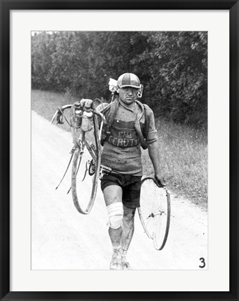 Framed Italian Giusto Cerutti has a broken wheel after a fall. Tour de France 1928 Print