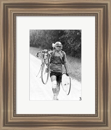 Framed Italian Giusto Cerutti has a broken wheel after a fall. Tour de France 1928 Print