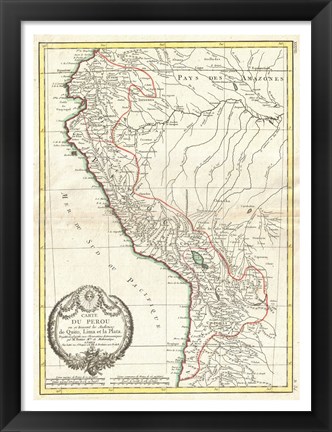 Framed 1775 Bonne Map of Peru, Ecuador, Bolivia, and the Western Amazon Print