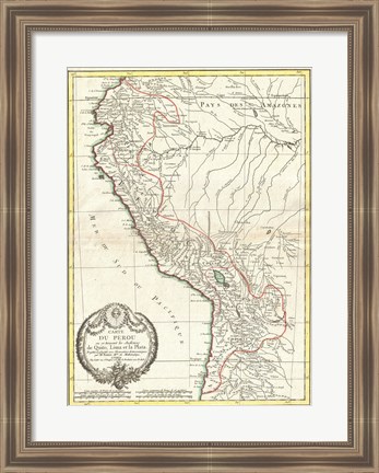 Framed 1775 Bonne Map of Peru, Ecuador, Bolivia, and the Western Amazon Print