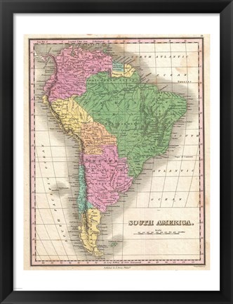 Framed 1827 Finley Map of South America Print