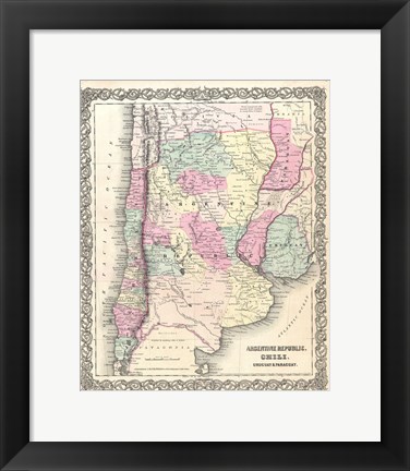 Framed 1855 Colton Map of Argentina, Chile, Paraguay and Uruguay Print