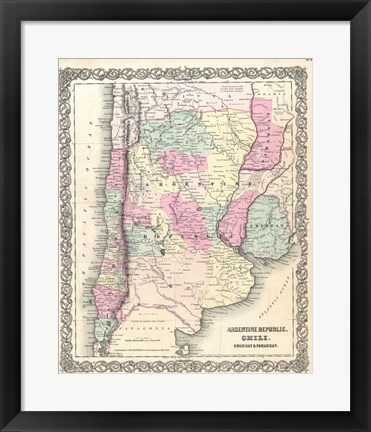 Framed 1855 Colton Map of Argentina, Chile, Paraguay and Uruguay Print