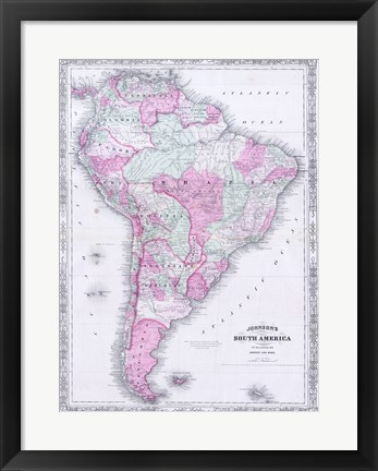 Framed 1863 Johnson&#39;s Map of South America Print