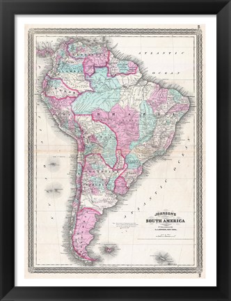 Framed 1870 Johnson Map of South America Print