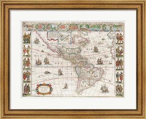 Framed Americae Nova Tabula - Map of North and South America Print