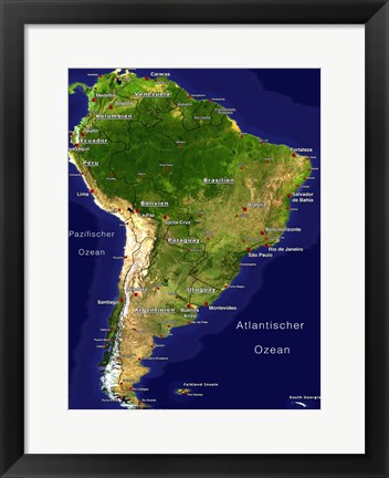 Framed South America - Satellite Orthographic Political Map Print