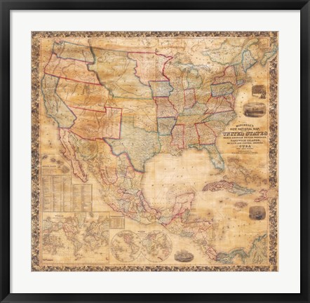 Framed 1856 Mitchell Wall Map of the United States and North America Print