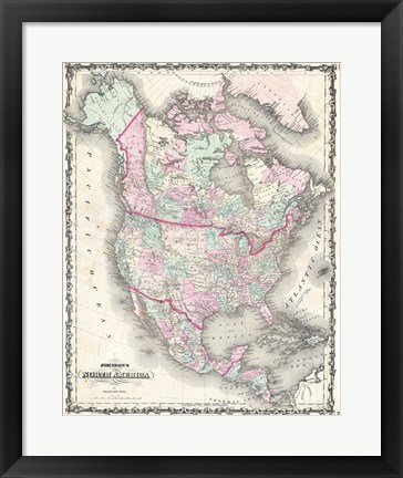 Framed 1862 Johnson Map of North America Print