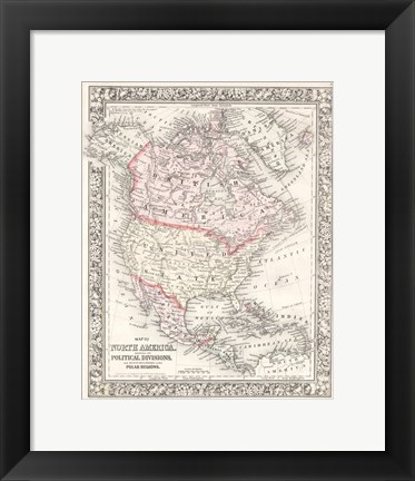 Framed 1864 Mitchell Map of North America Print