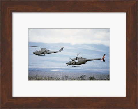 Framed left side view of an AH-1 Cobra helicopter, front, and an OH-58 Kiowa helicopter Print