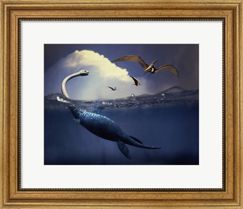 Framed Plesiosaurus and Flying Pteranodons Print