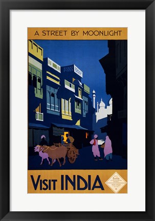 Framed Visit India, a street by moonlight, travel poster 1920 Print