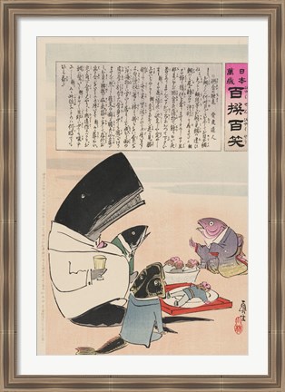 Framed whale and three fish sitting down to a formal dinner of Russian sailors Print