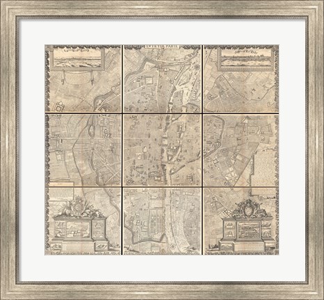 Framed 1652 Gomboust 9 Panel Map of Paris, France Print