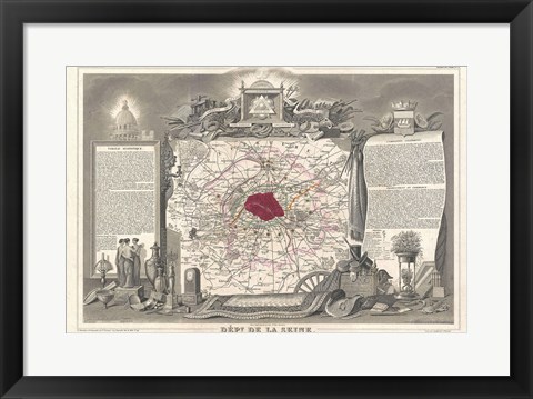 Framed 1852 Levasseur Map of the Department de la Seine Print