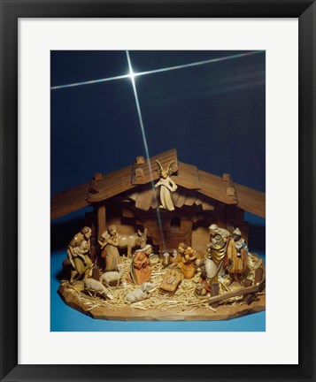 Framed Close-up of figurines depicting a nativity scene Print