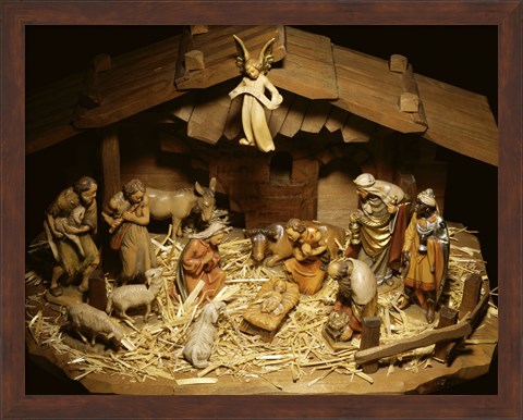 Framed Close-up of figurines depicting a nativity scene Print