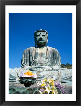 Framed Daibutsu Great Buddha, Kamakura, Honshu, Japan With Flowers Print