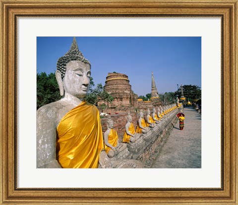 Framed Line of Buddha Statues, Wat Yai Chai Mongkhon, Ayutthaya, Thailand Print