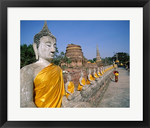 Framed Line of Buddha Statues, Wat Yai Chai Mongkhon, Ayutthaya, Thailand Print