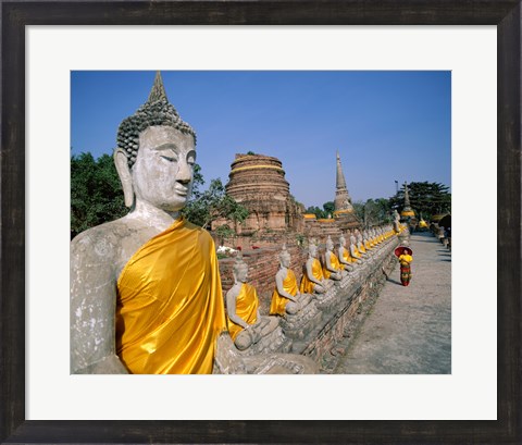 Framed Line of Buddha Statues, Wat Yai Chai Mongkhon, Ayutthaya, Thailand Print