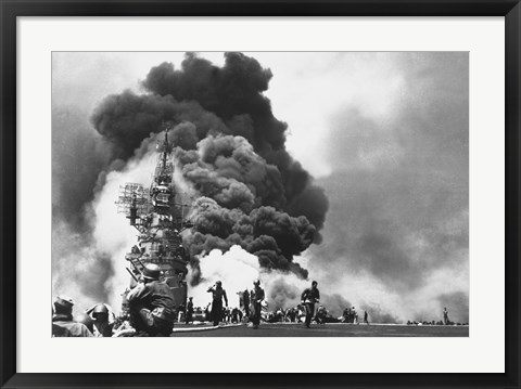 Framed USS Bunker Hill Hit by Two Kamikazes Print