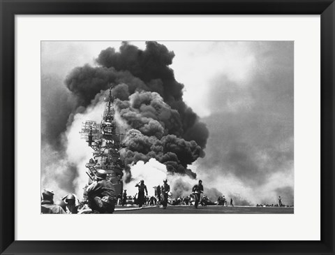 Framed USS Bunker Hill Hit by Two Kamikazes Print