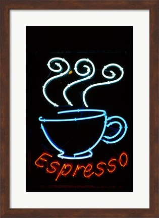 Framed Glowing Neon Sign of an Espresso Coffee Cup Print