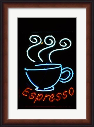 Framed Glowing Neon Sign of an Espresso Coffee Cup Print