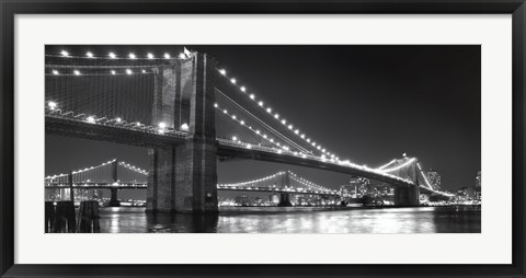 Framed Brooklyn Bridge and Manhattan Bridge at Night Print