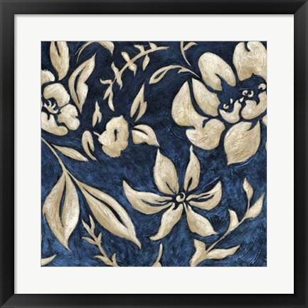 Framed Indigo and Cream Brocade II Print