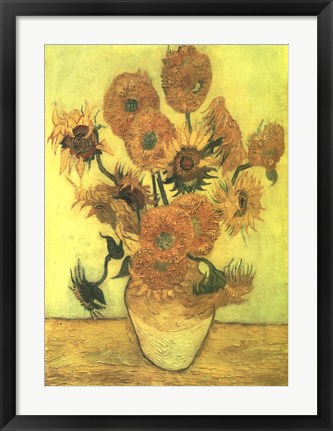 Framed Still Life, Vase With Fifteen Sunflowers Print