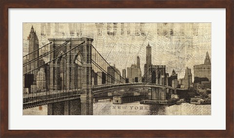 Framed Vintage NY Brooklyn Bridge Skyline Print