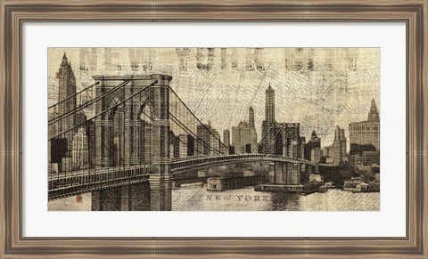 Framed Vintage NY Brooklyn Bridge Skyline Print